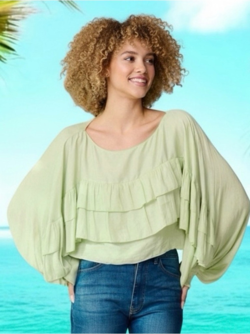 Mustard Seed Celery Green Wide Sleeve Beautiful Crop Top NWOT